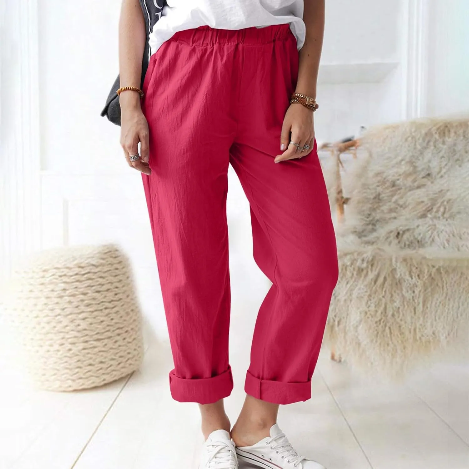 Cotton Linen Trouser Pants for Women Boho Beach Capris Pants 2024 Casual Summer Lightweight Drawstring Pants Pockets