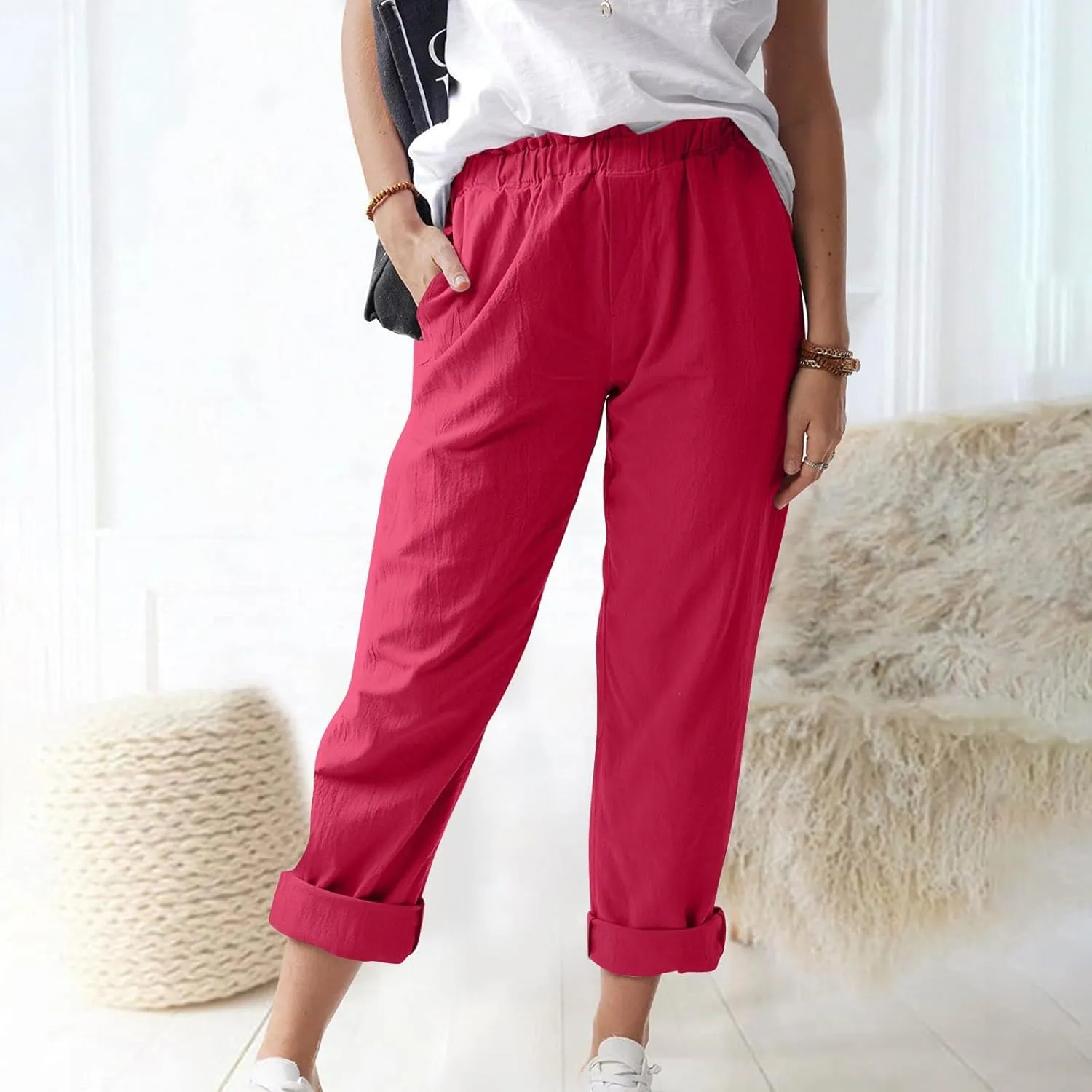 Cotton Linen Trouser Pants for Women Boho Beach Capris Pants 2024 Casual Summer Lightweight Drawstring Pants Pockets