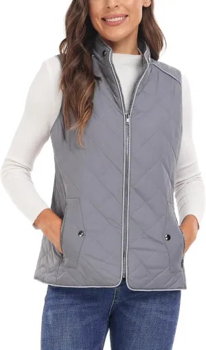 Dilgul Women Padded Vest Stand Collar Zip Up Trendy Puffer Lightweight Quilted Vest