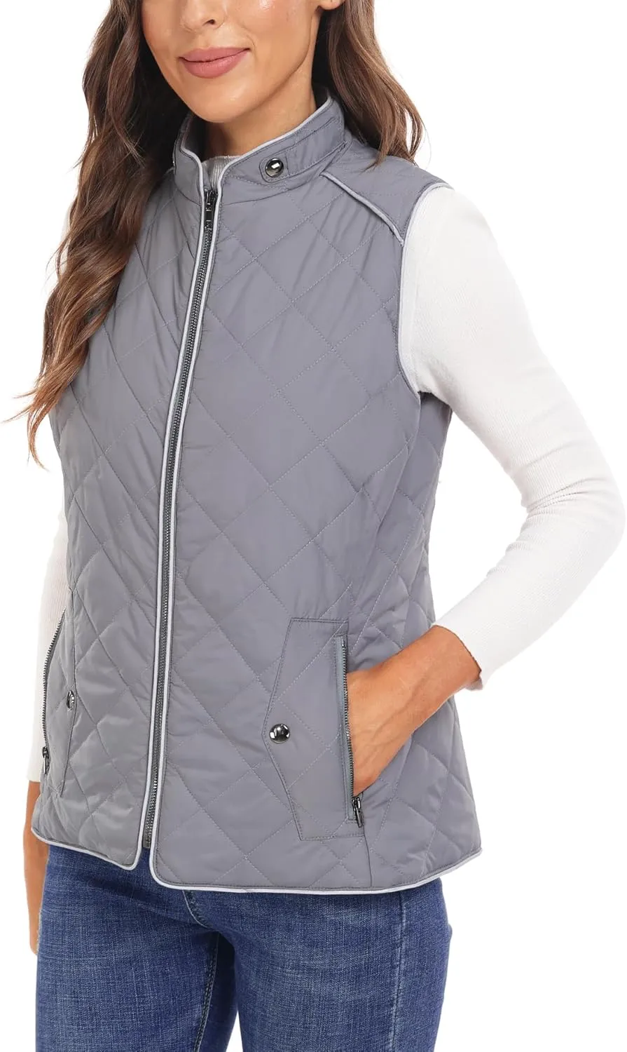 Dilgul Women Padded Vest Stand Collar Zip Up Trendy Puffer Lightweight Quilted Vest