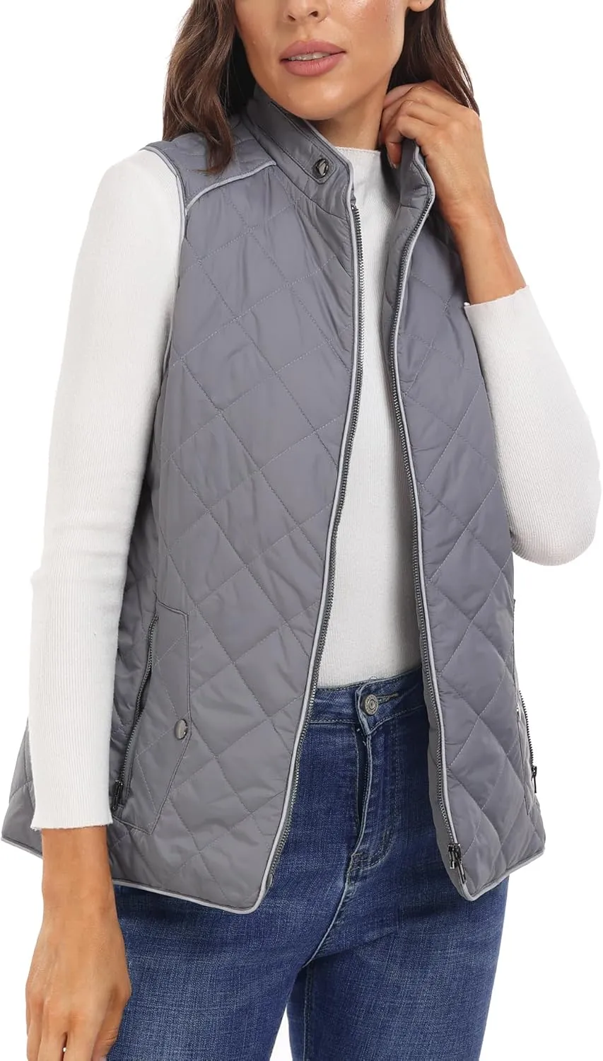 Dilgul Women Padded Vest Stand Collar Zip Up Trendy Puffer Lightweight Quilted Vest