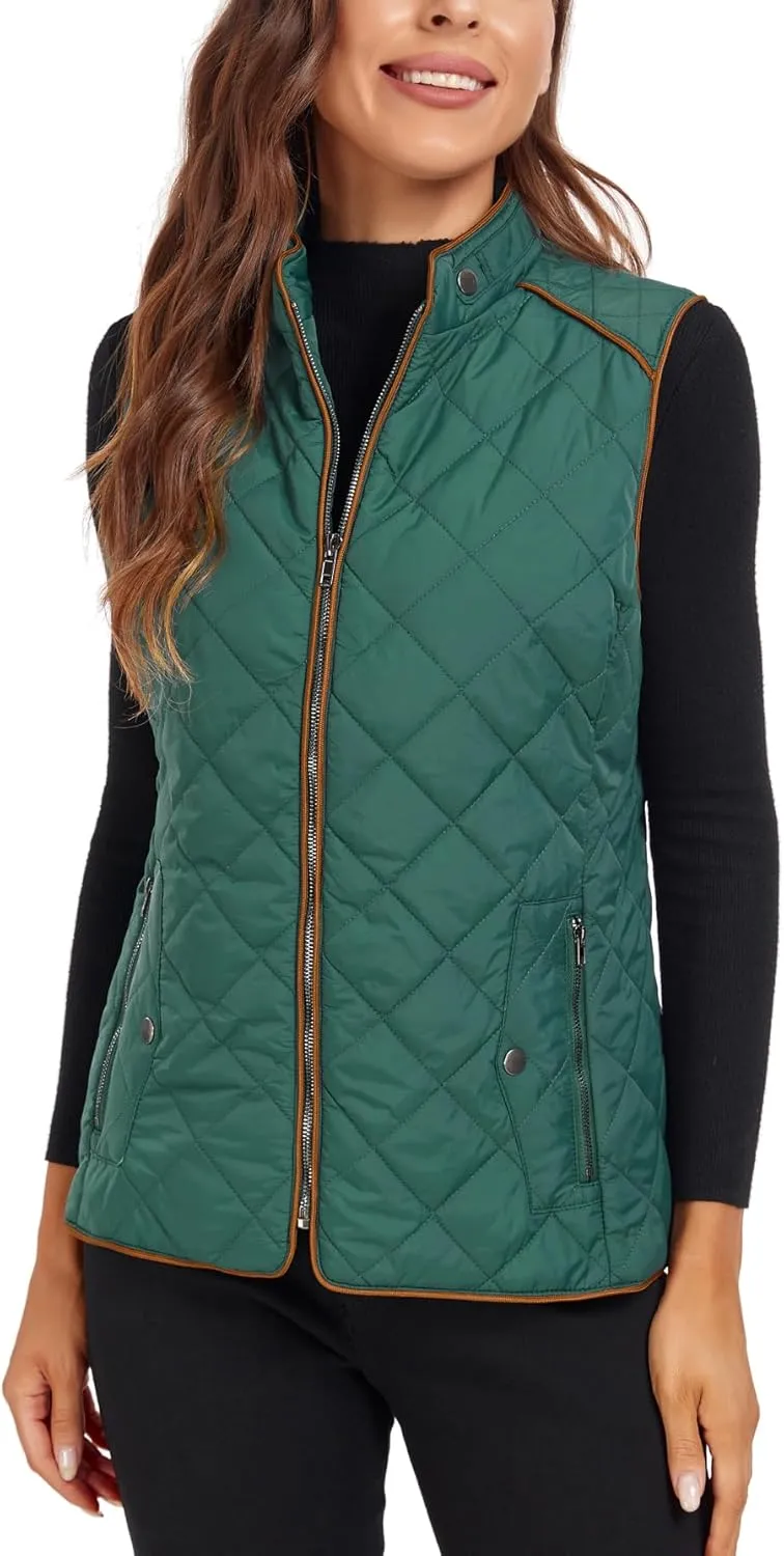 Dilgul Women Padded Vest Stand Collar Zip Up Trendy Puffer Lightweight Quilted Vest