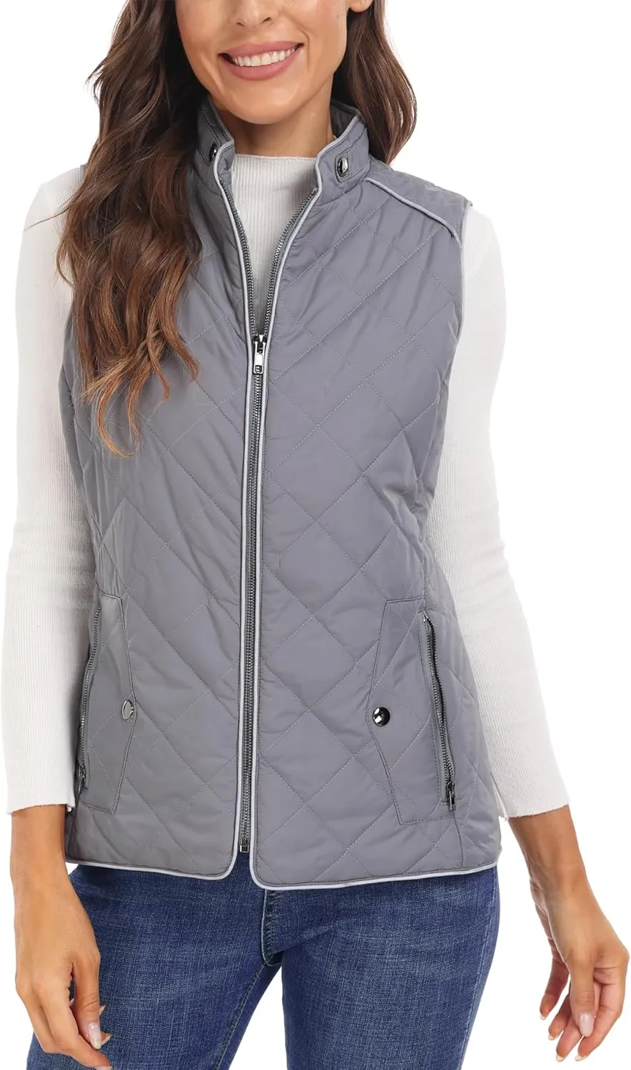Dilgul Women Padded Vest Stand Collar Zip Up Trendy Puffer Lightweight Quilted Vest