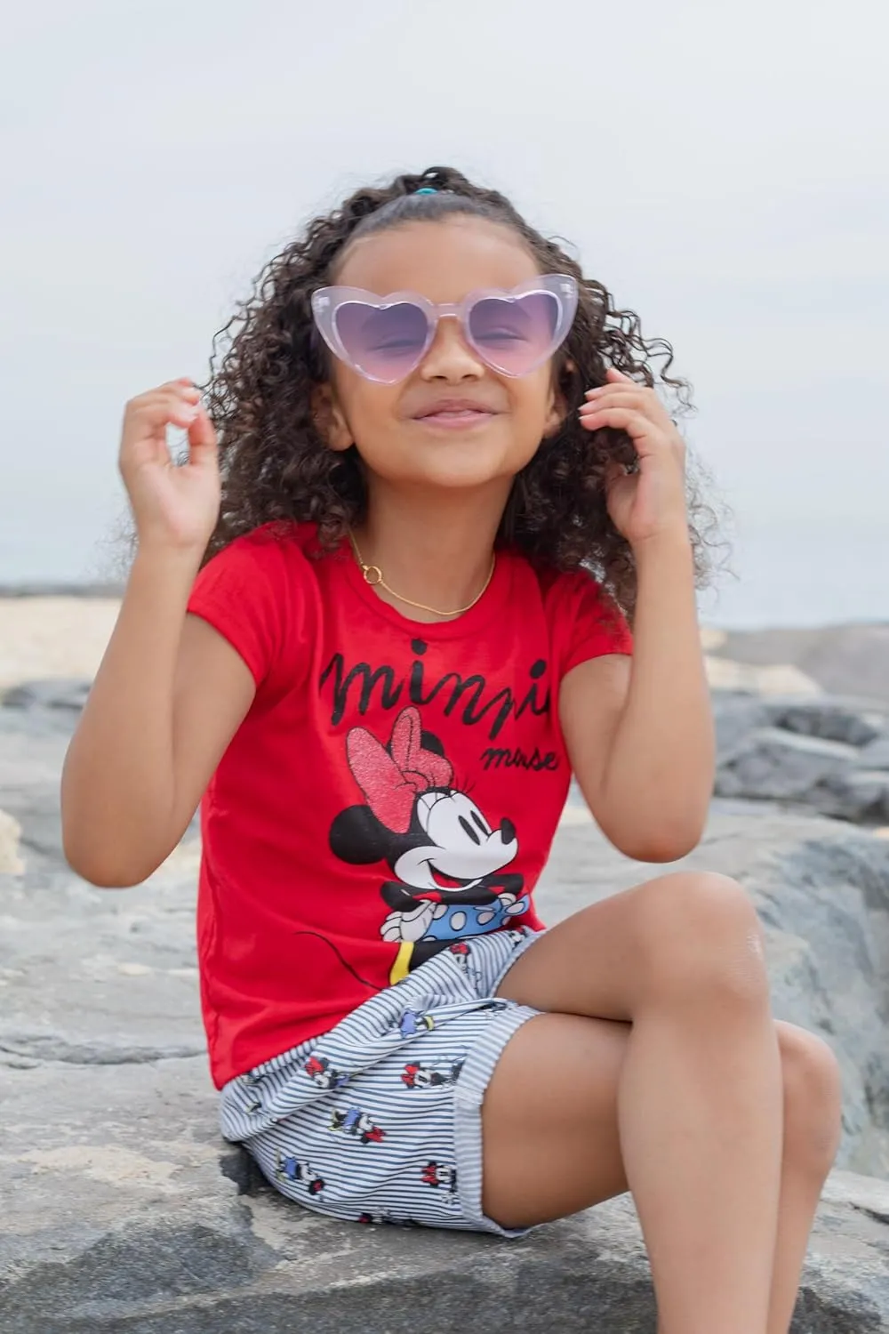 Disney Minnie Mouse Rainbow Floral T-Shirt and Chambray Shorts Outfit Set Infant to Big Kid Sizes (12 Months - 14-16)