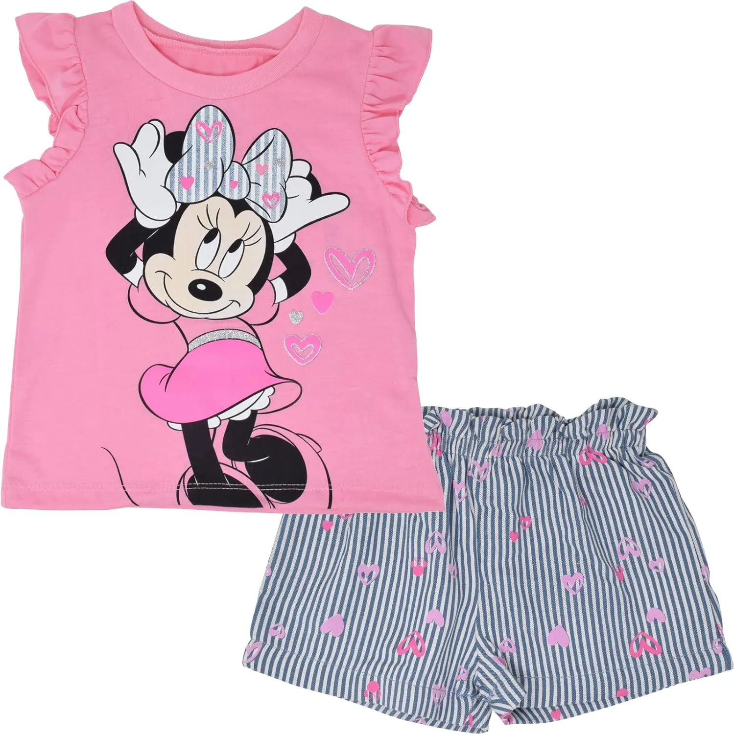 Disney Minnie Mouse Rainbow Floral T-Shirt and Chambray Shorts Outfit Set Infant to Big Kid Sizes (12 Months - 14-16)