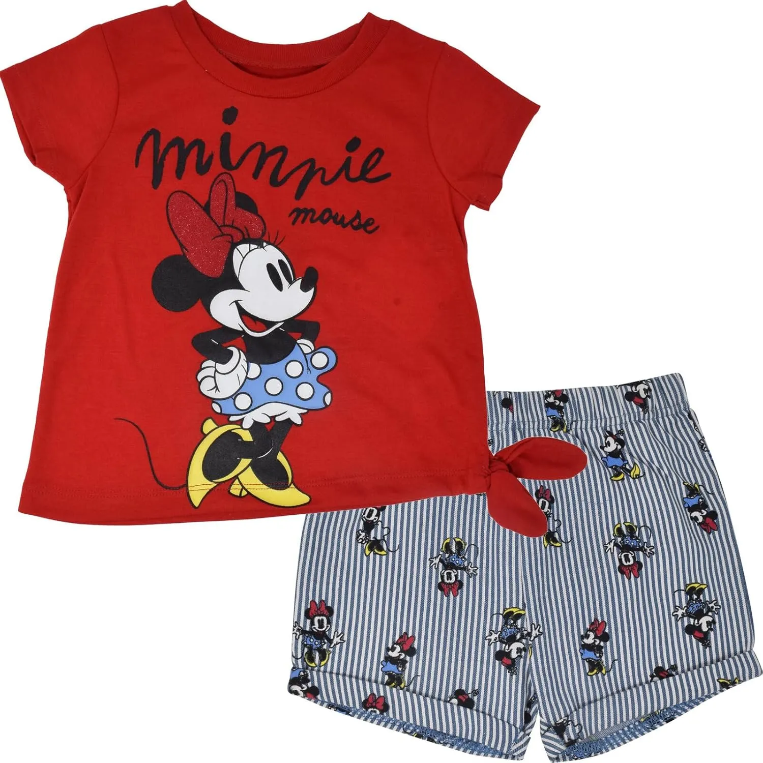 Disney Minnie Mouse Rainbow Floral T-Shirt and Chambray Shorts Outfit Set Infant to Big Kid Sizes (12 Months - 14-16)