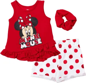 Disney Minnie Mouse T-Shirt French Terry Shorts and Scrunchie 3 Piece Outfit Set Infant to Big Kid