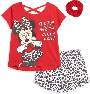 Disney Minnie Mouse T-Shirt French Terry Shorts and Scrunchie 3 Piece Outfit Set Infant to Big Kid