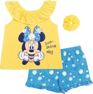 Disney Minnie Mouse T-Shirt French Terry Shorts and Scrunchie 3 Piece Outfit Set Infant to Big Kid
