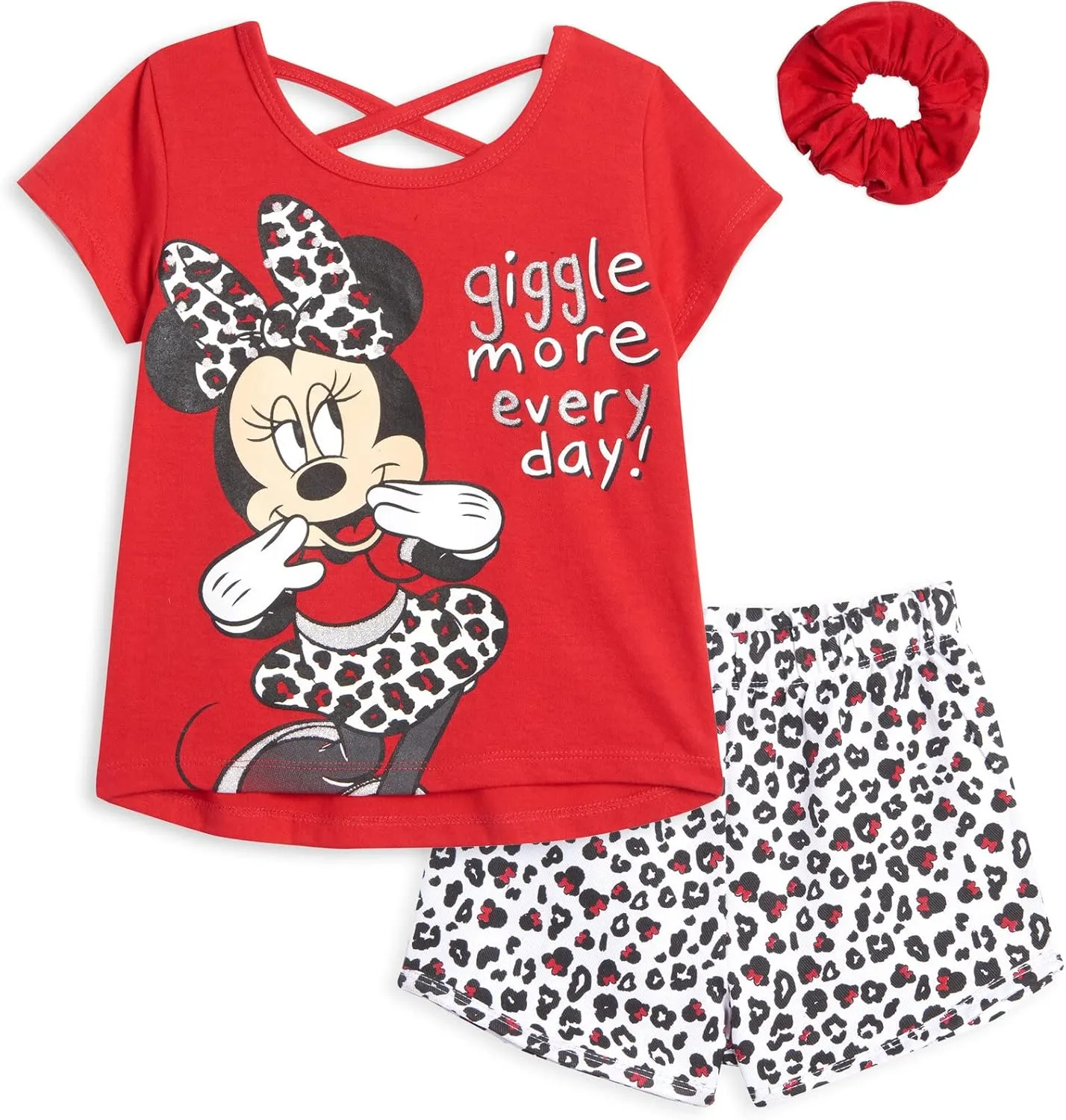 Disney Minnie Mouse T-Shirt French Terry Shorts and Scrunchie 3 Piece Outfit Set Infant to Big Kid