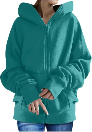 DOLKFU Womens Oversized Hoodie Dress Zip Up Long Sweatshirt Solid Basic Pullover Tops Y2K Trendy Winter Clothes With Pockets