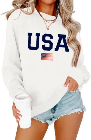 Dressmine Womens USA Shirt Casual Long Sleeve Graphic Tees Knit Crew Neck Sweatshirts Loose Pullover