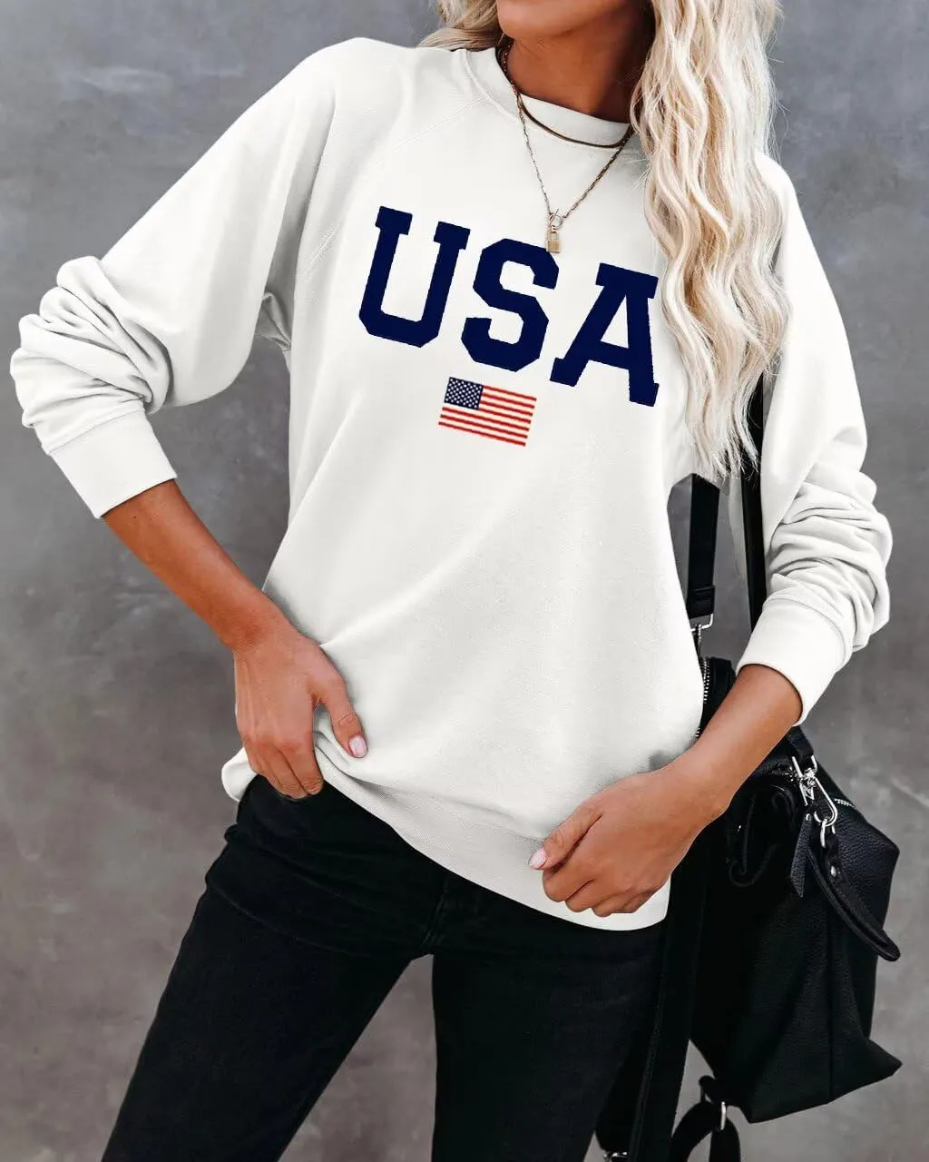 Dressmine Womens USA Shirt Casual Long Sleeve Graphic Tees Knit Crew Neck Sweatshirts Loose Pullover