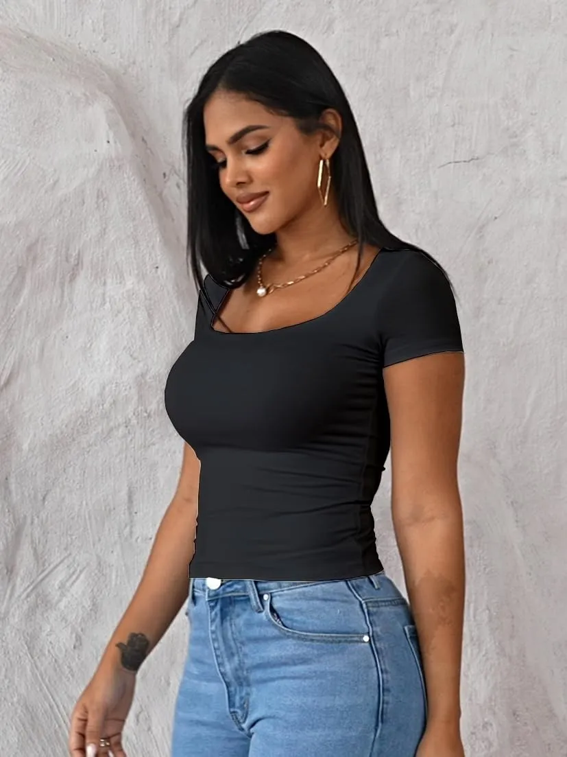 Dwnval Womens Sexy Short Sleeve Square Neck Tops Double Lined Basic Slim Fit Crop T Shirt 2025 Summer