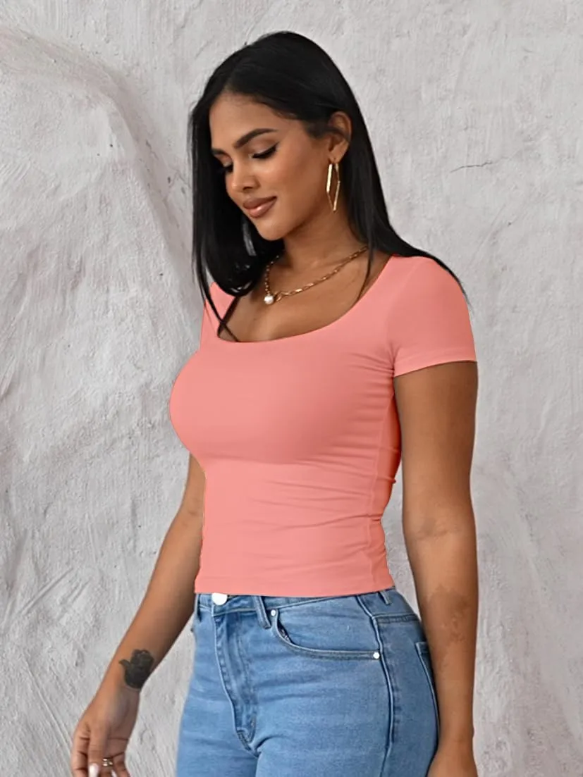 Dwnval Womens Sexy Short Sleeve Square Neck Tops Double Lined Basic Slim Fit Crop T Shirt 2025 Summer