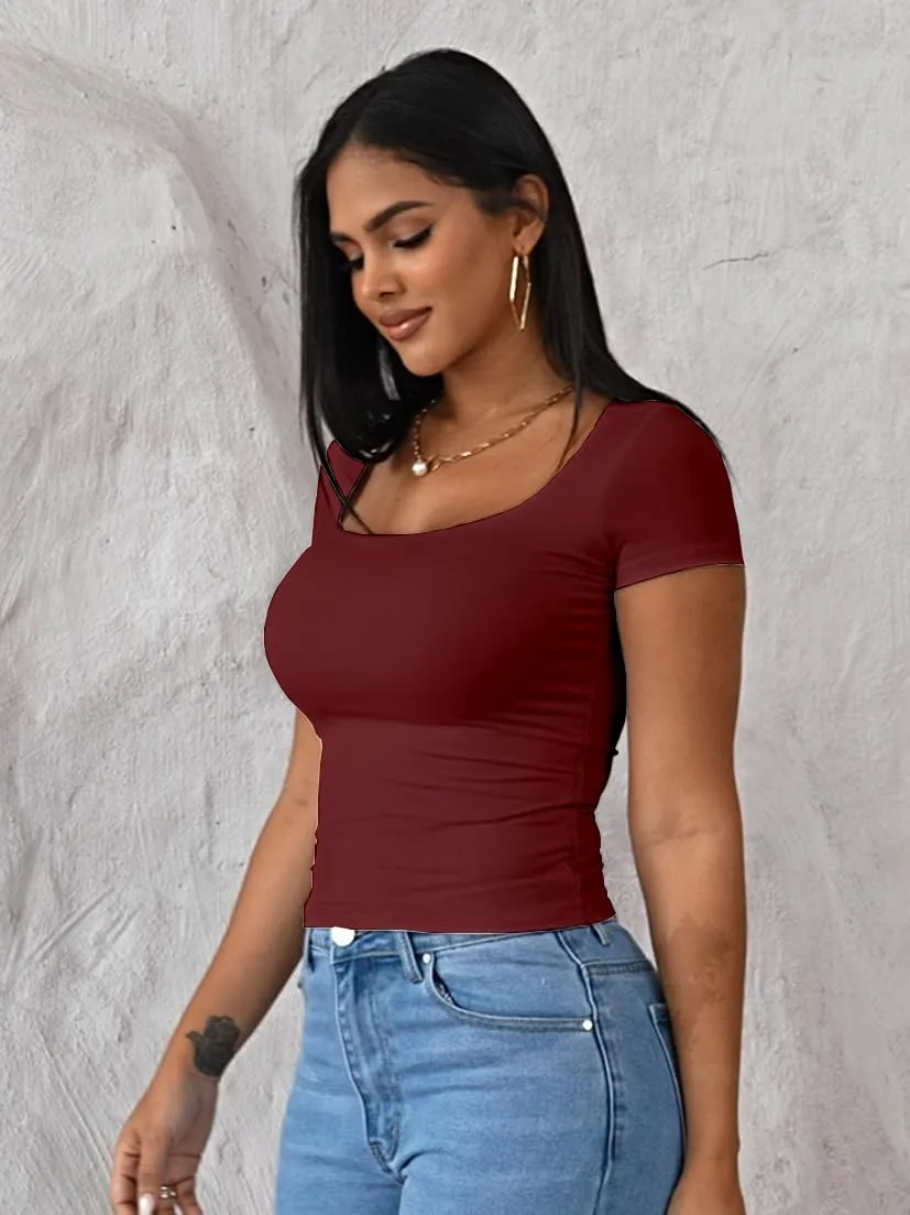 Dwnval Womens Sexy Short Sleeve Square Neck Tops Double Lined Basic Slim Fit Crop T Shirt 2025 Summer