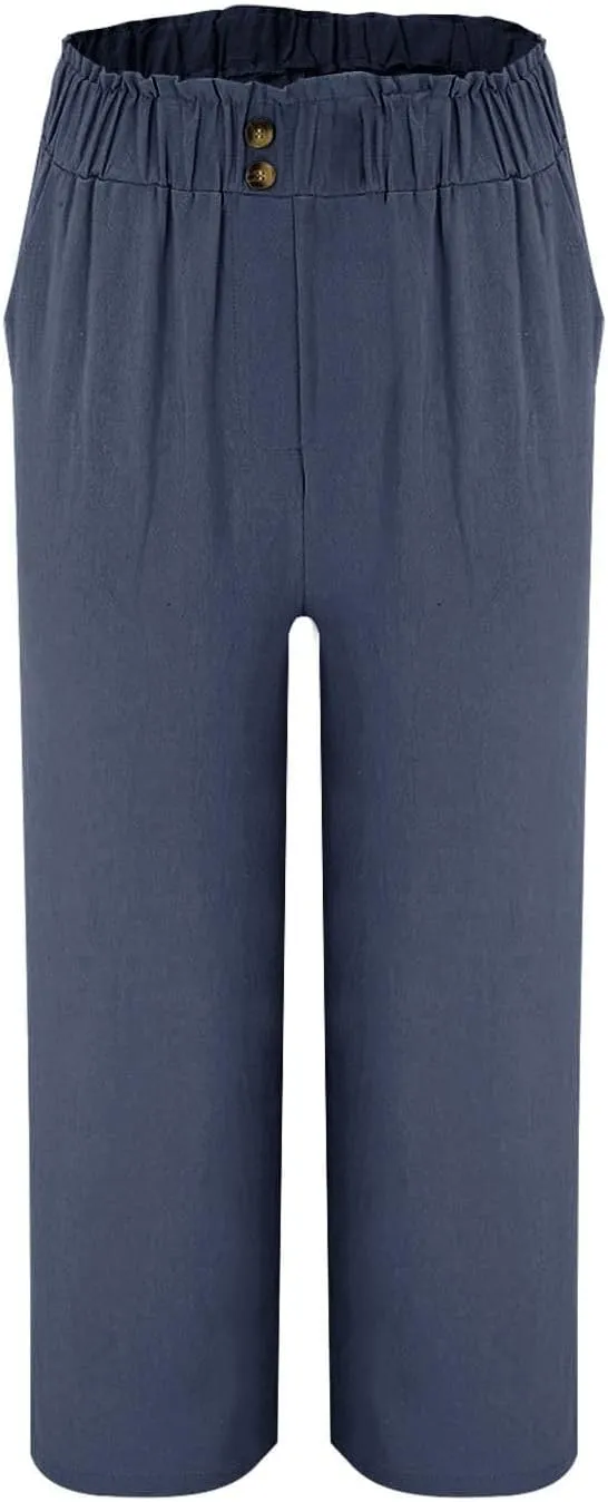 eoeioa Wide Leg Beach Pants for Women Lightweight Button Ealstic Waist Linen Pants Relaxed Fit Cropped Pants with Pockets