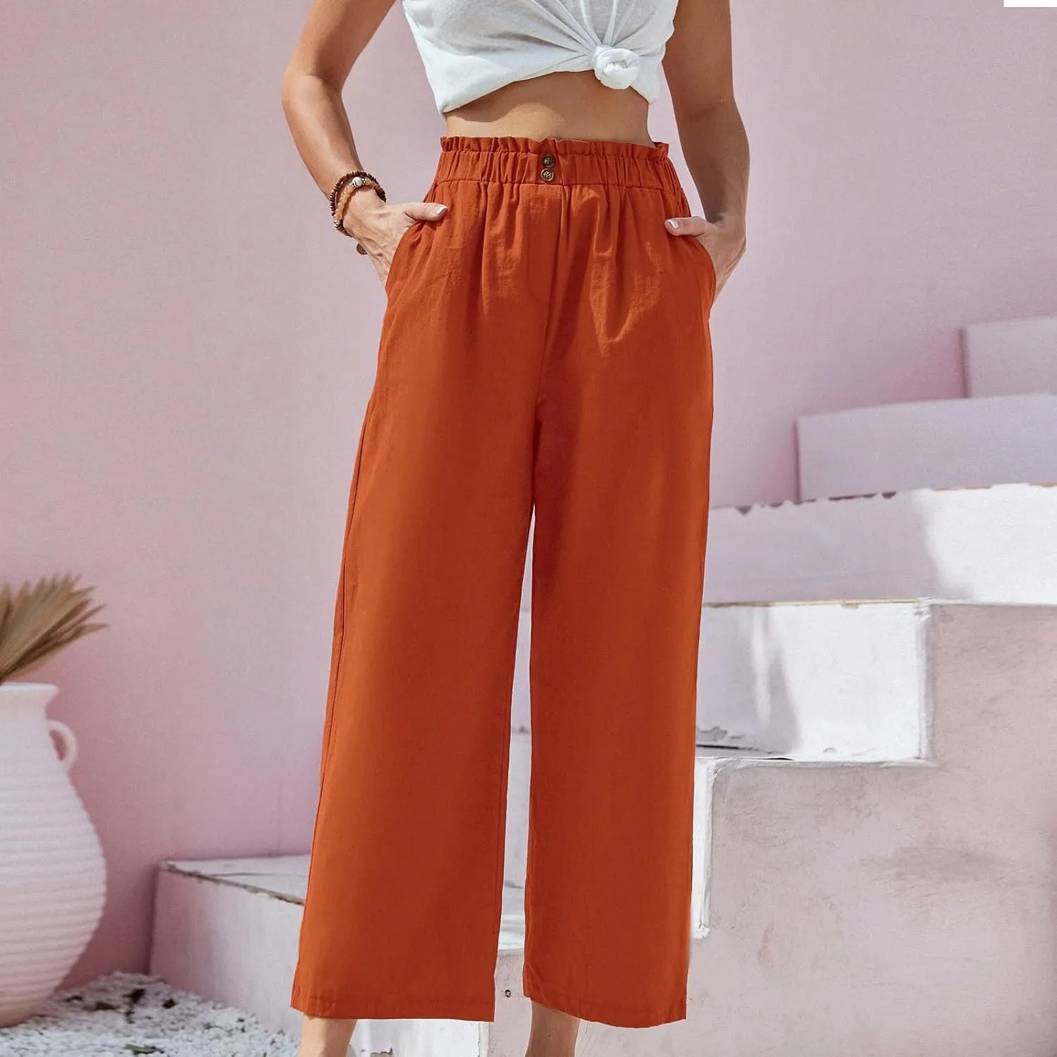 eoeioa Wide Leg Beach Pants for Women Lightweight Button Ealstic Waist Linen Pants Relaxed Fit Cropped Pants with Pockets