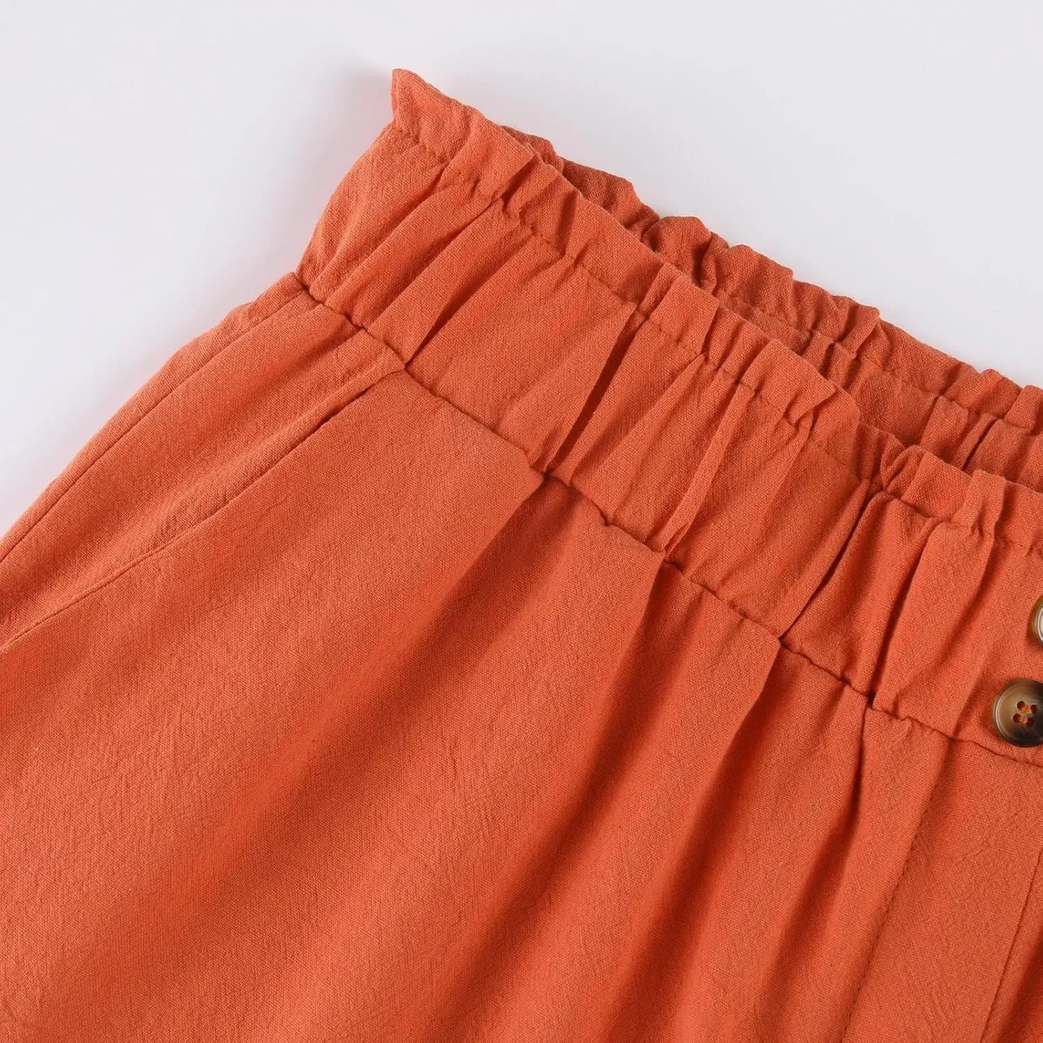 eoeioa Wide Leg Beach Pants for Women Lightweight Button Ealstic Waist Linen Pants Relaxed Fit Cropped Pants with Pockets