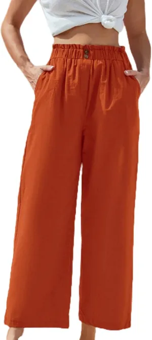 eoeioa Wide Leg Beach Pants for Women Lightweight Button Ealstic Waist Linen Pants Relaxed Fit Cropped Pants with Pockets