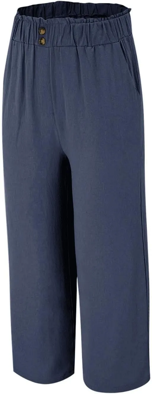 eoeioa Wide Leg Beach Pants for Women Lightweight Button Ealstic Waist Linen Pants Relaxed Fit Cropped Pants with Pockets