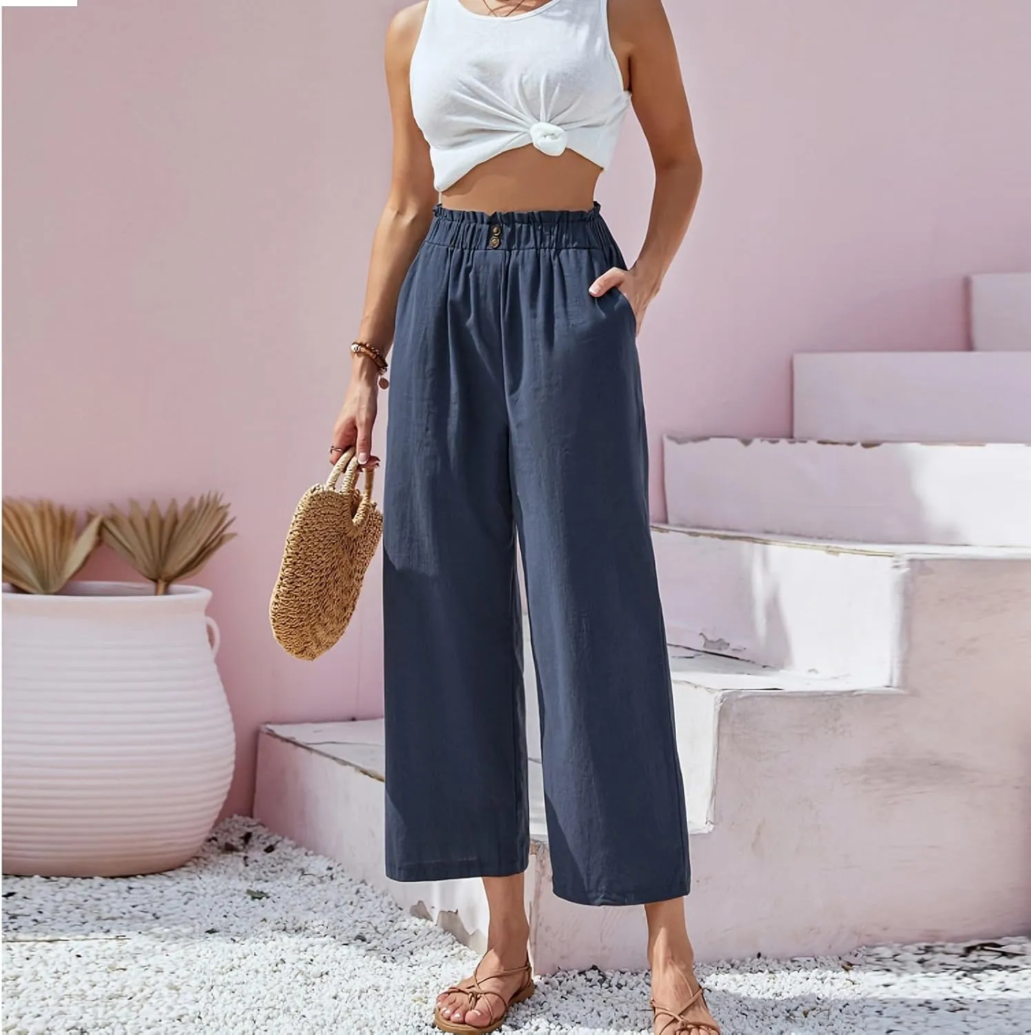 eoeioa Wide Leg Beach Pants for Women Lightweight Button Ealstic Waist Linen Pants Relaxed Fit Cropped Pants with Pockets