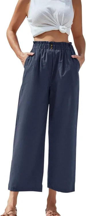 eoeioa Wide Leg Beach Pants for Women Lightweight Button Ealstic Waist Linen Pants Relaxed Fit Cropped Pants with Pockets