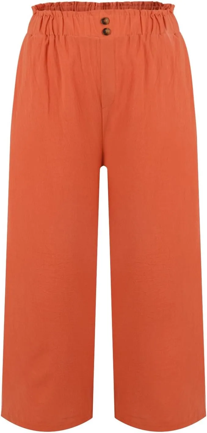 eoeioa Wide Leg Beach Pants for Women Lightweight Button Ealstic Waist Linen Pants Relaxed Fit Cropped Pants with Pockets