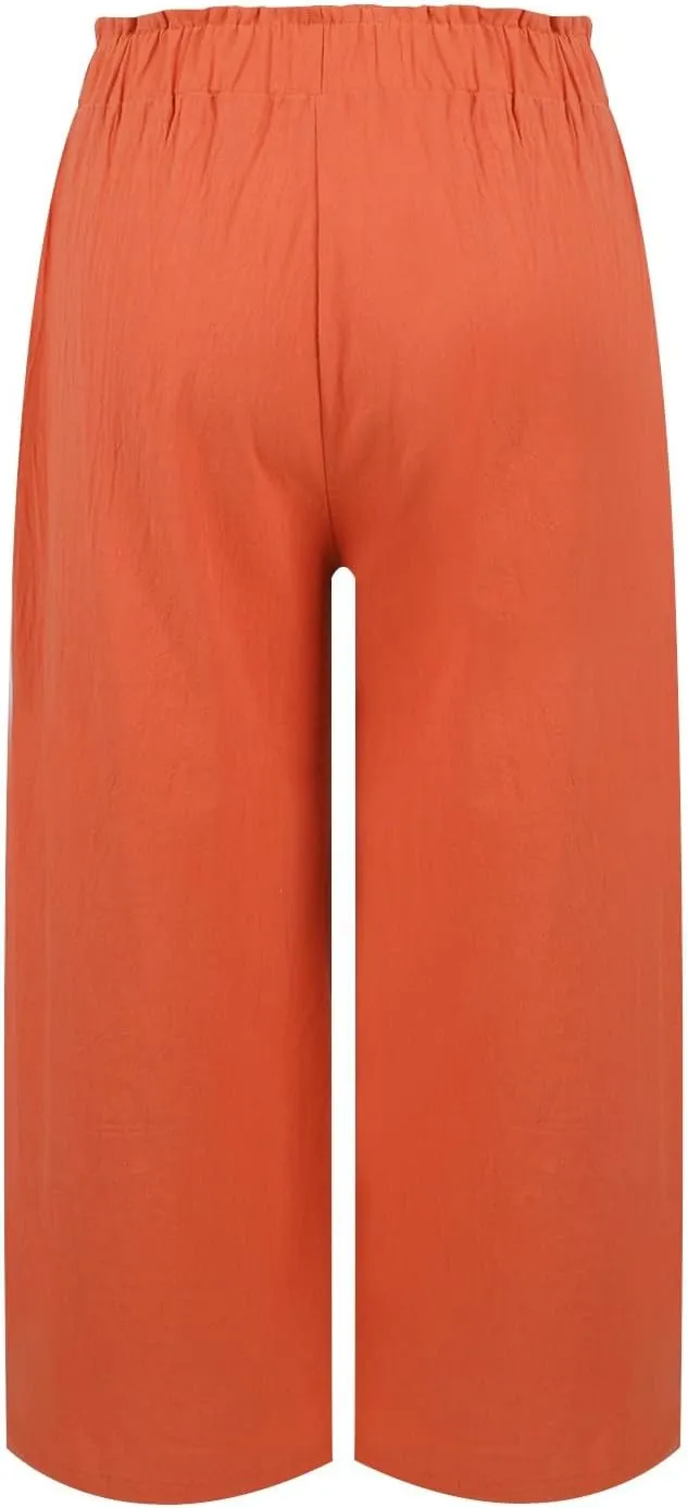 eoeioa Wide Leg Beach Pants for Women Lightweight Button Ealstic Waist Linen Pants Relaxed Fit Cropped Pants with Pockets