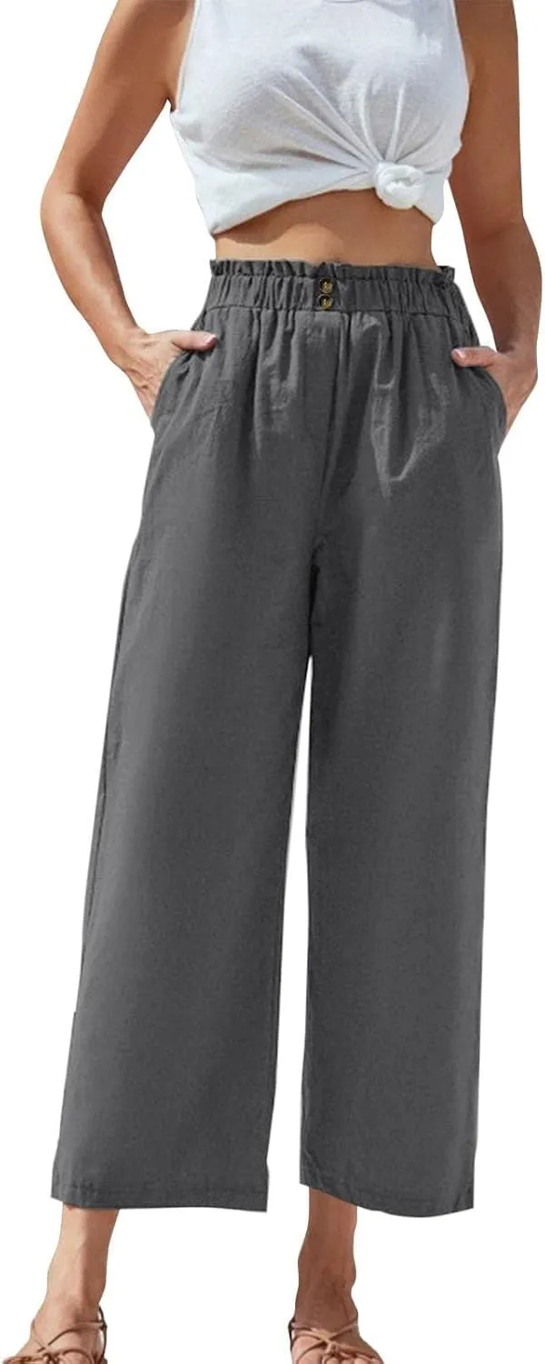 eoeioa Wide Leg Beach Pants for Women Lightweight Button Ealstic Waist Linen Pants Relaxed Fit Cropped Pants with Pockets