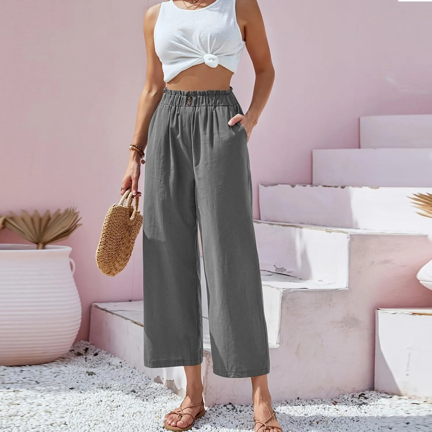 eoeioa Wide Leg Beach Pants for Women Lightweight Button Ealstic Waist Linen Pants Relaxed Fit Cropped Pants with Pockets