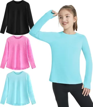 EXARUS Girls Long Sleeve Shirts Athletic Quick Dry Tops UPF 50  Performance Tees with Pockets Thumb Holes Workout Teens