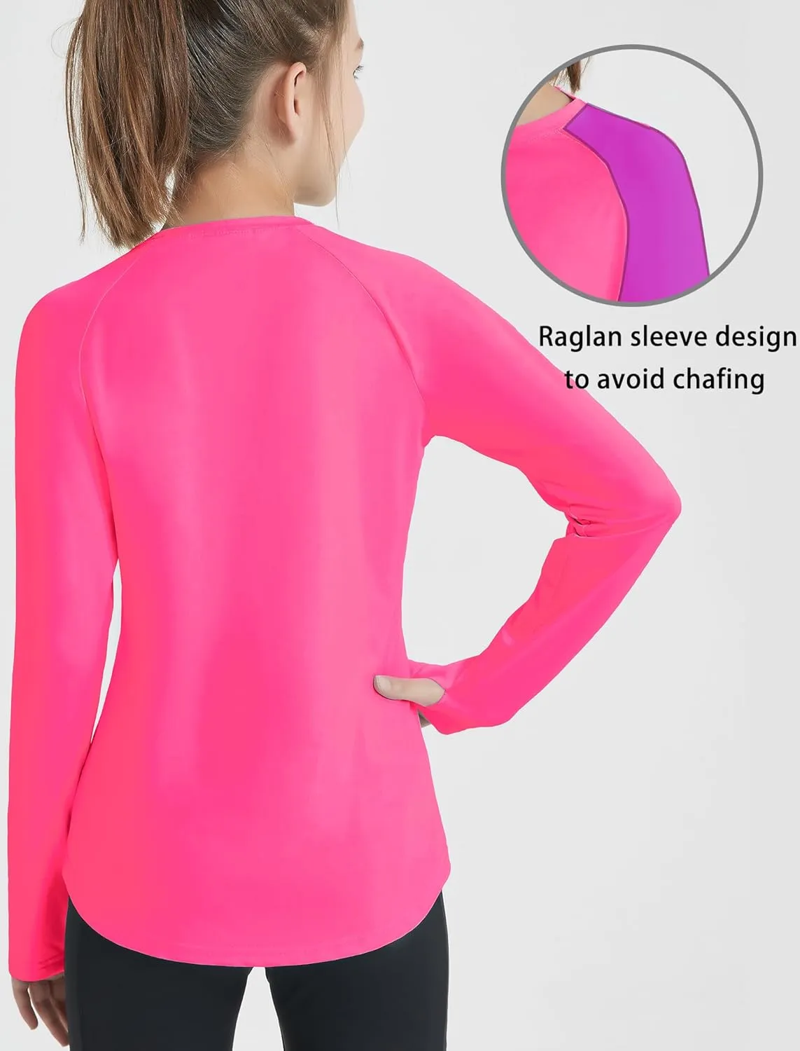 EXARUS Girls Long Sleeve Shirts Athletic Quick Dry Tops UPF 50  Performance Tees with Pockets Thumb Holes Workout Teens