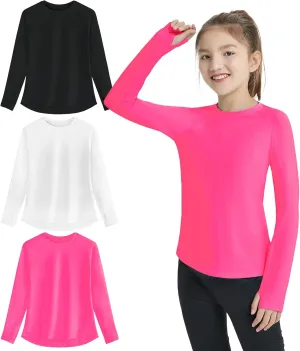 EXARUS Girls Long Sleeve Shirts Athletic Quick Dry Tops UPF 50  Performance Tees with Pockets Thumb Holes Workout Teens