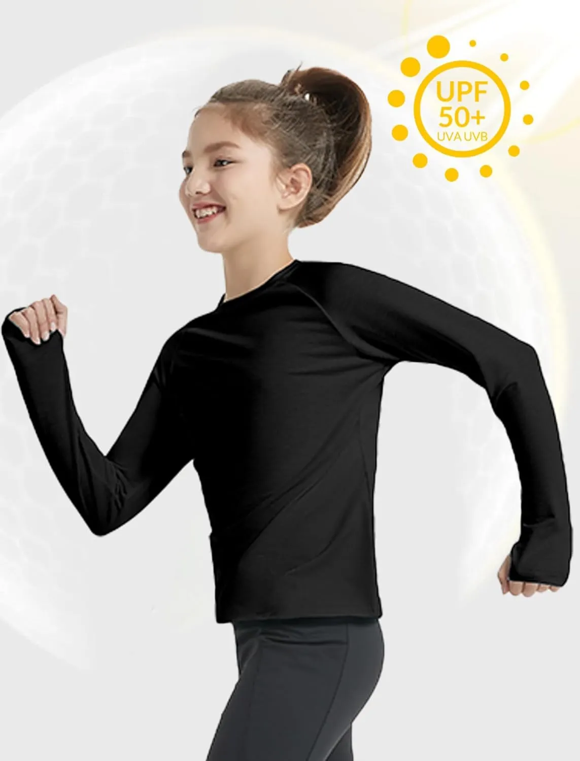EXARUS Girls Long Sleeve Shirts Athletic Quick Dry Tops UPF 50  Performance Tees with Pockets Thumb Holes Workout Teens