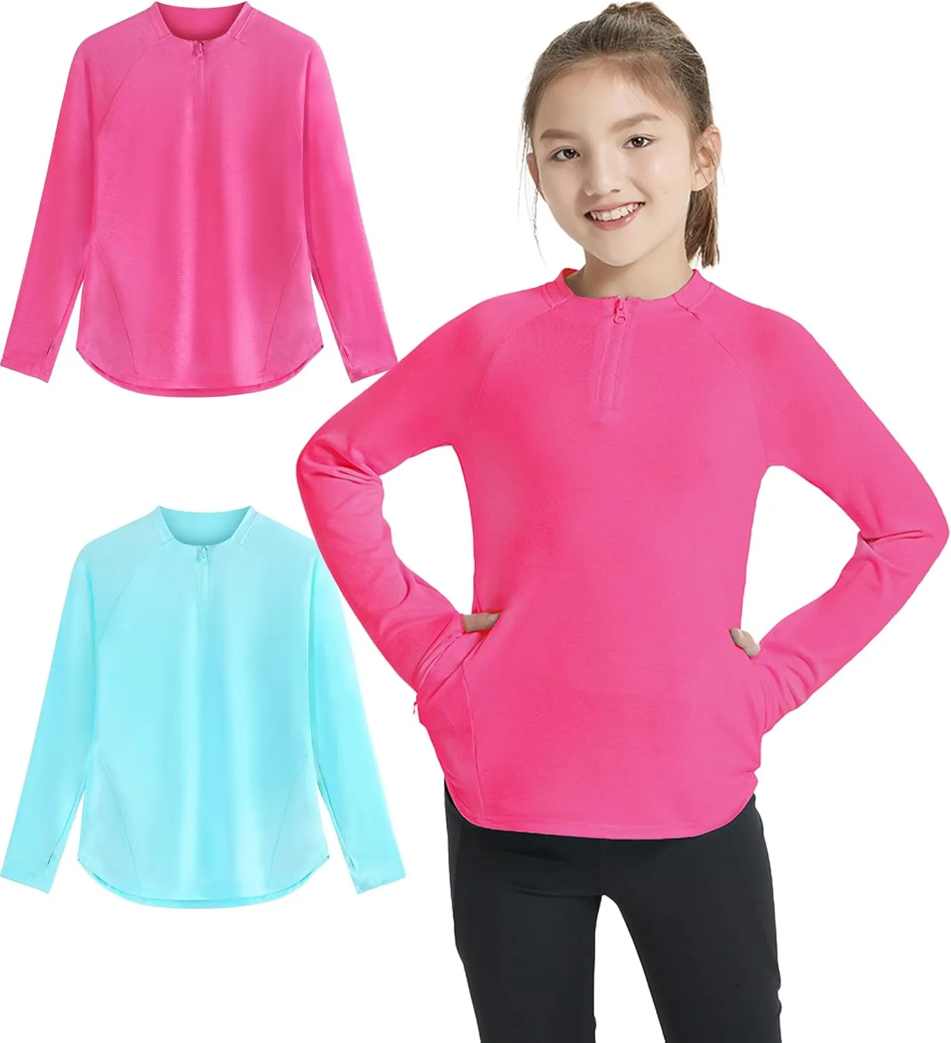 EXARUS Girls Long Sleeve Shirts Athletic Quick Dry Tops UPF 50  Performance Tees with Pockets Thumb Holes Workout Teens