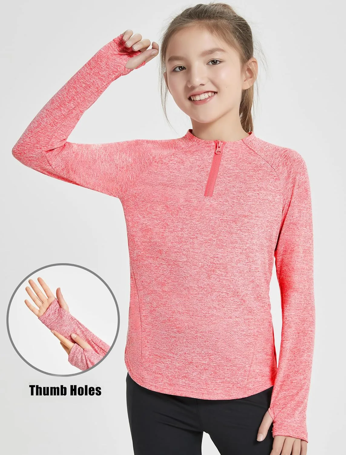 EXARUS Girls Long Sleeve Shirts Athletic Quick Dry Tops UPF 50  Performance Tees with Pockets Thumb Holes Workout Teens
