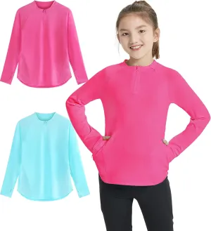 EXARUS Girls Long Sleeve Shirts Athletic Quick Dry Tops UPF 50  Performance Tees with Pockets Thumb Holes Workout Teens