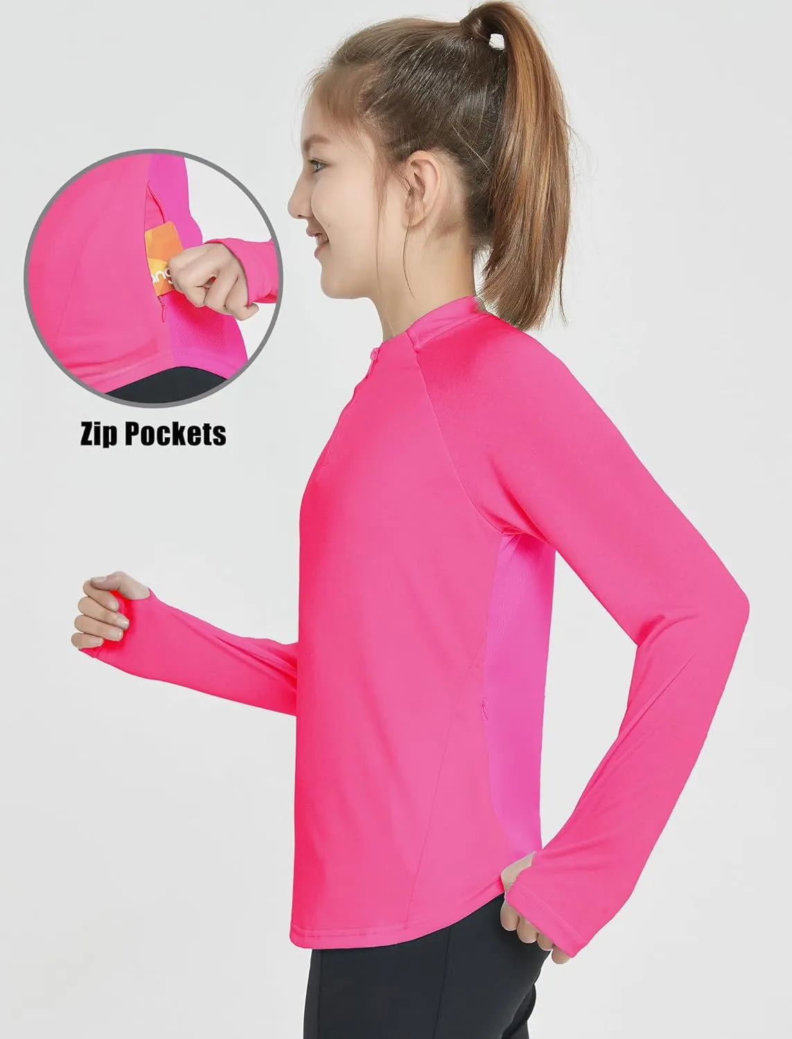 EXARUS Girls Long Sleeve Shirts Athletic Quick Dry Tops UPF 50  Performance Tees with Pockets Thumb Holes Workout Teens