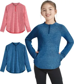 EXARUS Girls Long Sleeve Shirts Athletic Quick Dry Tops UPF 50  Performance Tees with Pockets Thumb Holes Workout Teens