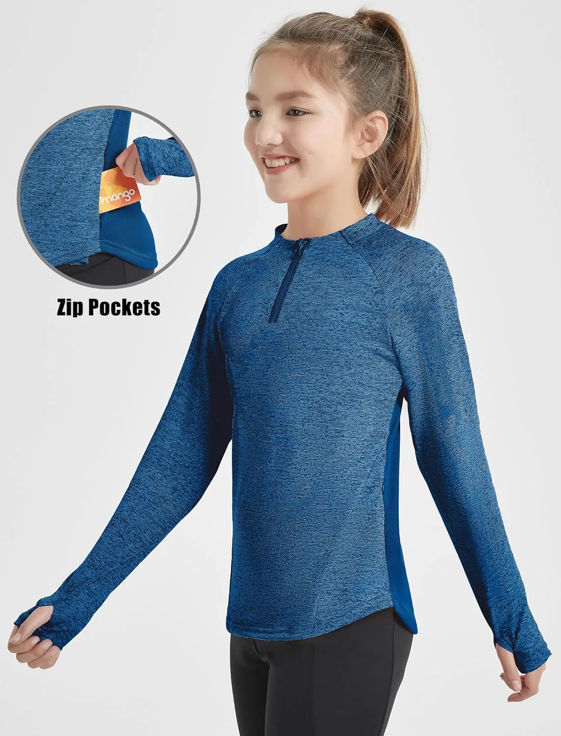 EXARUS Girls Long Sleeve Shirts Athletic Quick Dry Tops UPF 50  Performance Tees with Pockets Thumb Holes Workout Teens