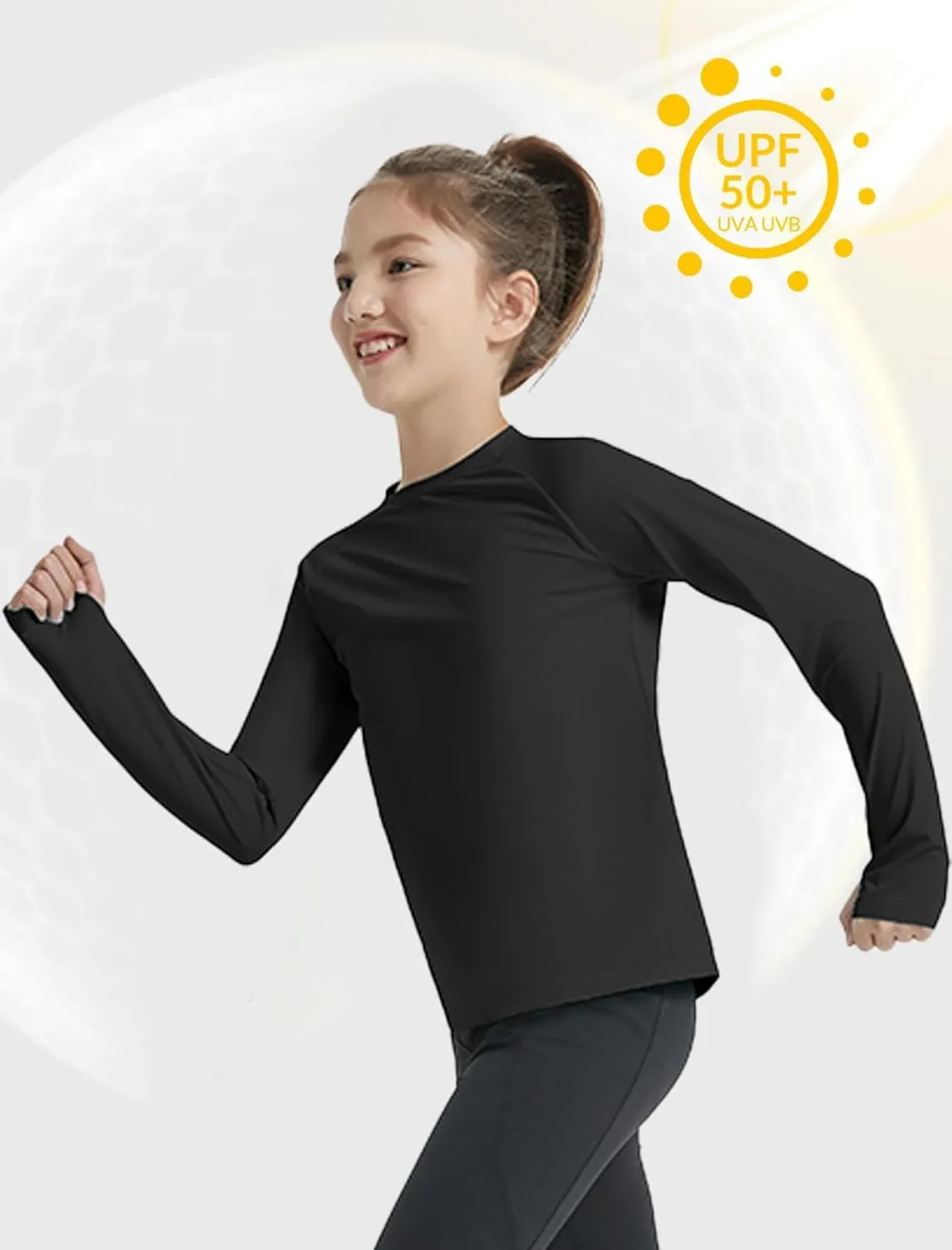 EXARUS Girls Long Sleeve Shirts Athletic Quick Dry Tops UPF 50  Performance Tees with Pockets Thumb Holes Workout Teens