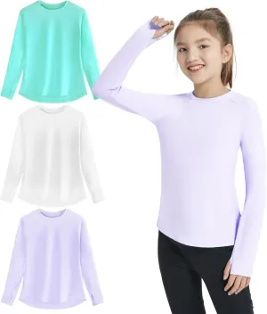 EXARUS Girls Long Sleeve Shirts Athletic Quick Dry Tops UPF 50  Performance Tees with Pockets Thumb Holes Workout Teens