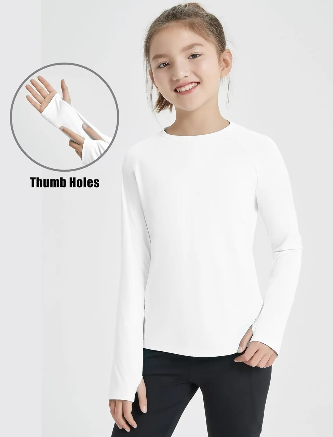 EXARUS Girls Long Sleeve Shirts Athletic Quick Dry Tops UPF 50  Performance Tees with Pockets Thumb Holes Workout Teens