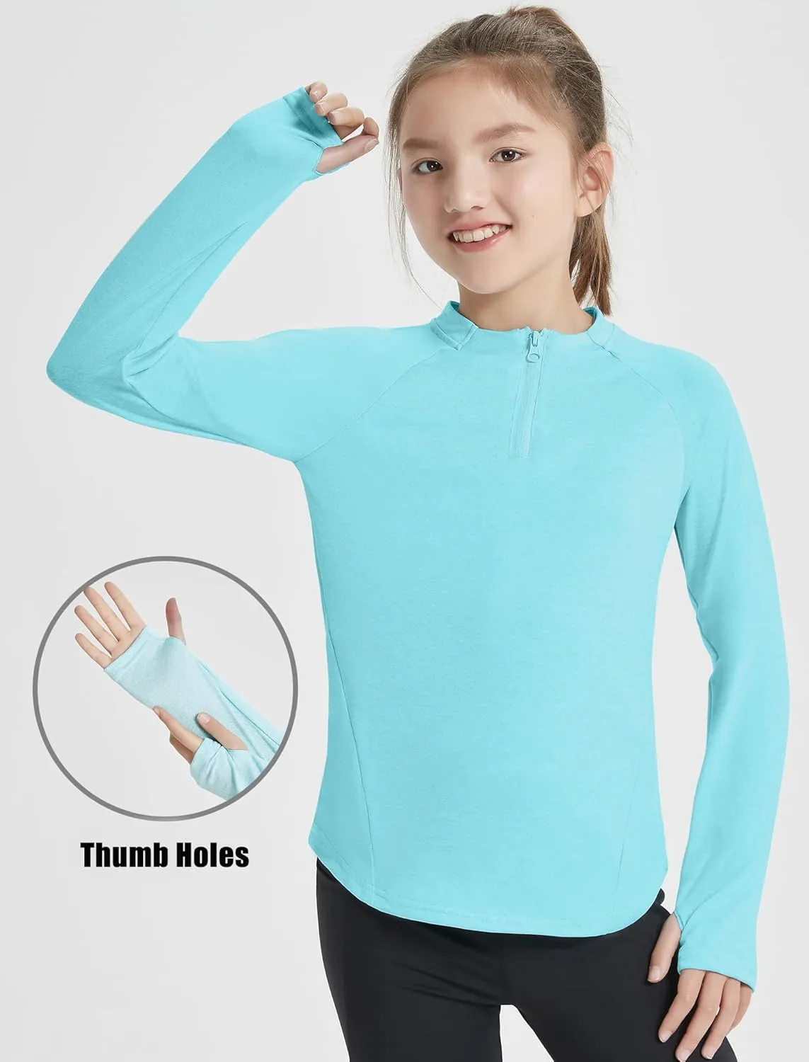 EXARUS Girls Long Sleeve Shirts Athletic Quick Dry Tops UPF 50  Performance Tees with Pockets Thumb Holes Workout Teens
