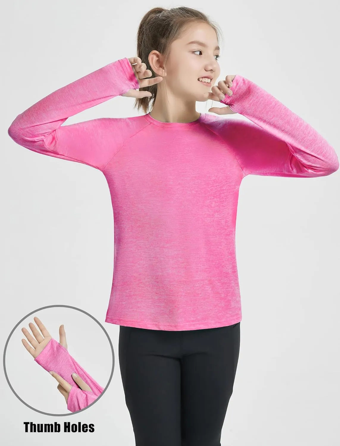 EXARUS Girls Long Sleeve Shirts Athletic Quick Dry Tops UPF 50  Performance Tees with Pockets Thumb Holes Workout Teens