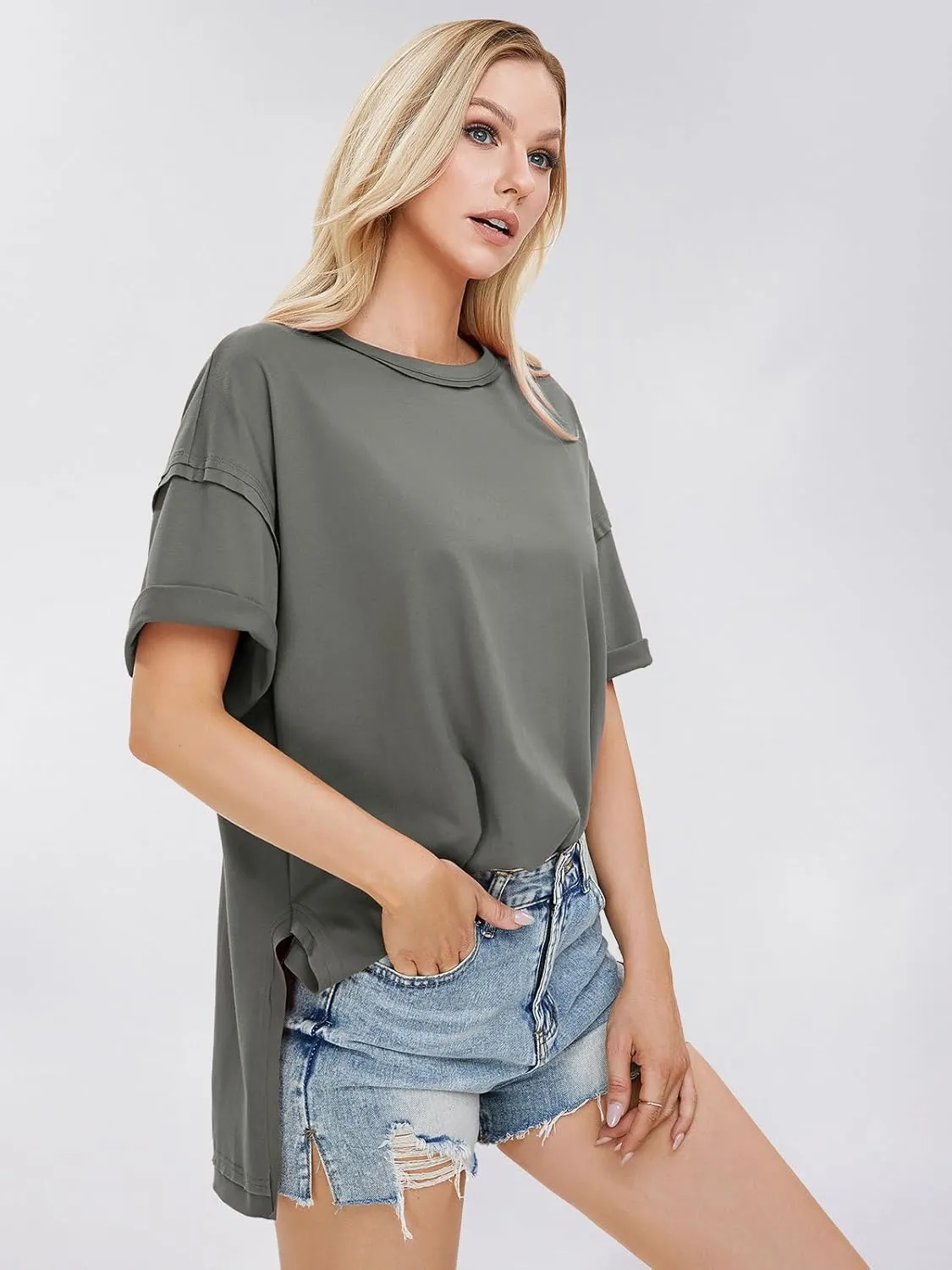 EXLURA Womens Summer Oversized T Shirts 2025 Casual Short Sleeve Loose Maternity Tops Crewneck Tunic Plus Gym Workout Top