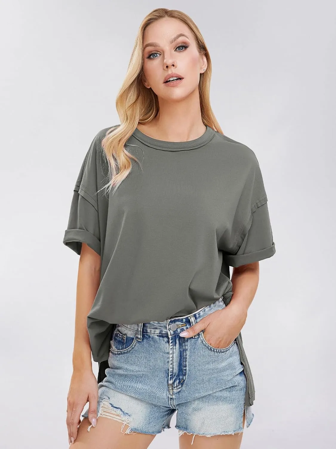 EXLURA Womens Summer Oversized T Shirts 2025 Casual Short Sleeve Loose Maternity Tops Crewneck Tunic Plus Gym Workout Top