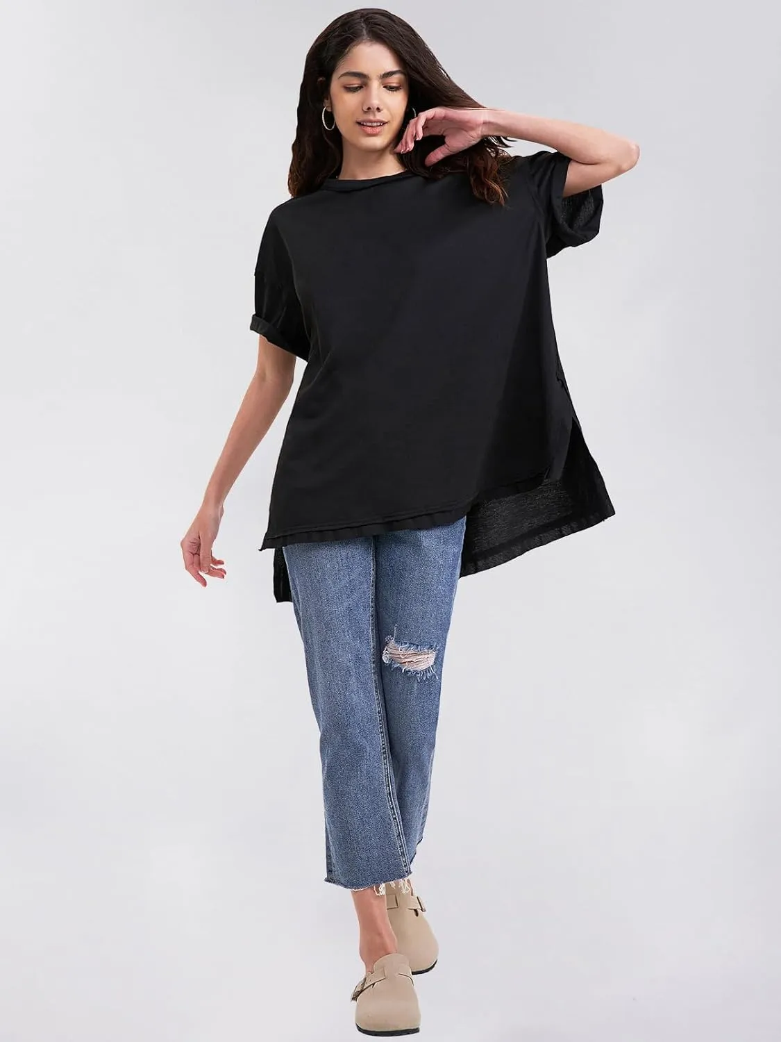 EXLURA Womens Summer Oversized T Shirts 2025 Casual Short Sleeve Loose Maternity Tops Crewneck Tunic Plus Gym Workout Top