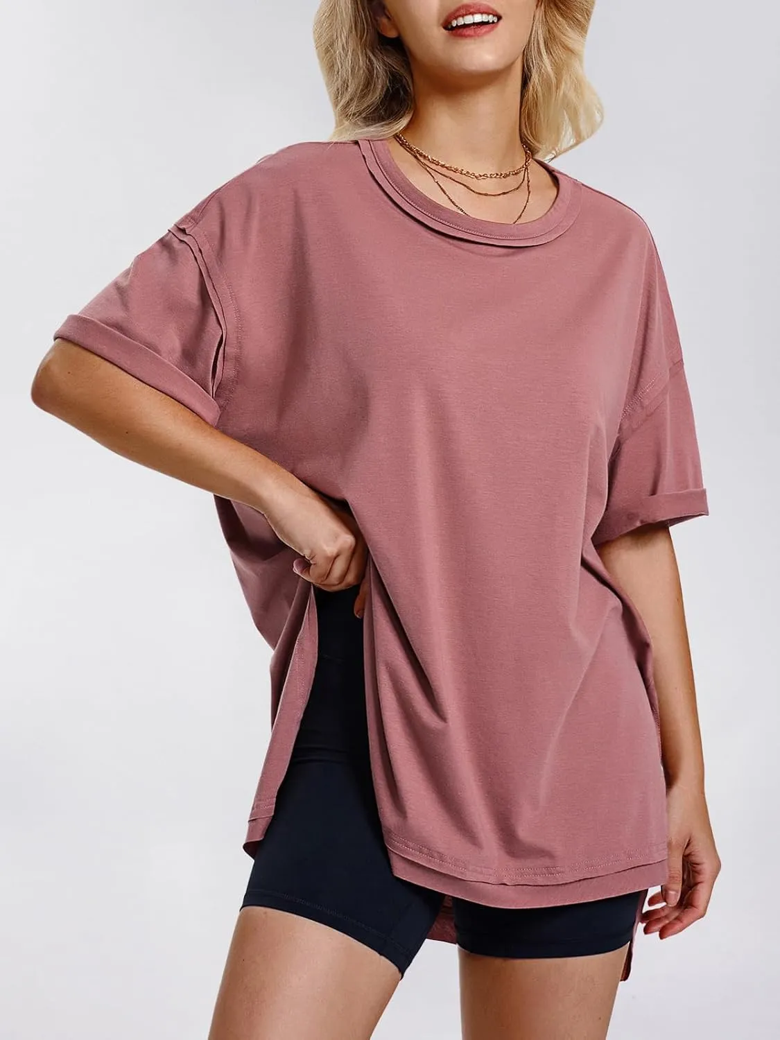 EXLURA Womens Summer Oversized T Shirts 2025 Casual Short Sleeve Loose Maternity Tops Crewneck Tunic Plus Gym Workout Top